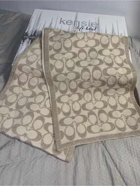 Coach Beige Signature Jacquard Scarf with Metallic Trim
